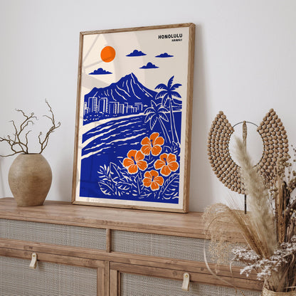 Honolulu. Hawaii Blue Travel Poster Print