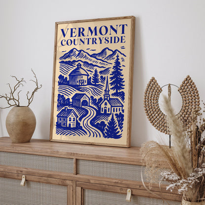 Vermont Countryside Blue Travel Poster