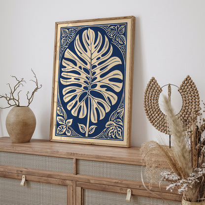 Navy Blue Monstera Leaf Poster