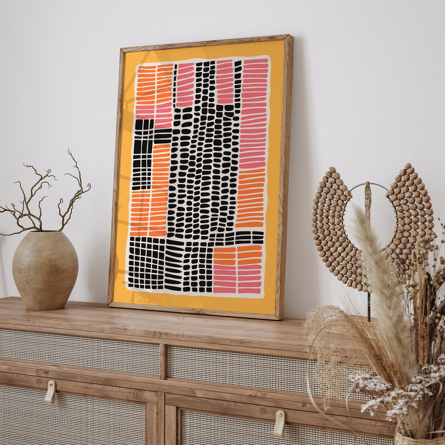 Mid Century Modern Dots Pink Yellow Wall Art