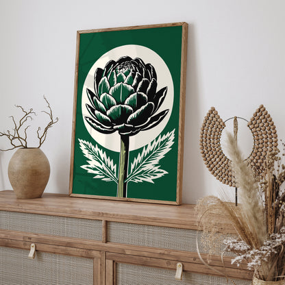 Vintage Artichoke Linocut Green Wall Art