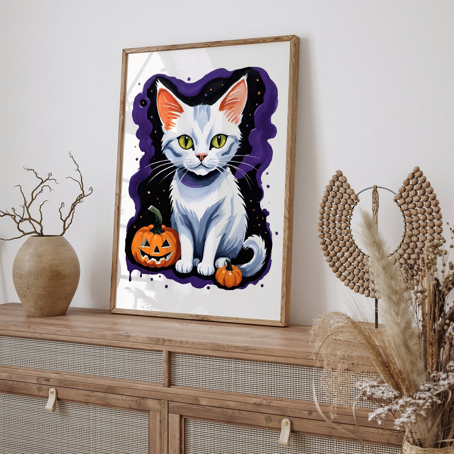 White Cat Halloween Art Print 2025