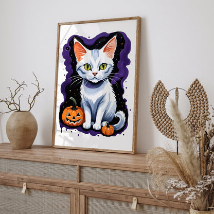 White Cat Halloween Art Print 2025