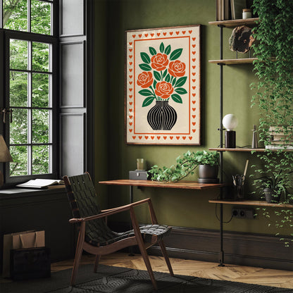 Red Roses Poster - Retro Flowers in Vase Print