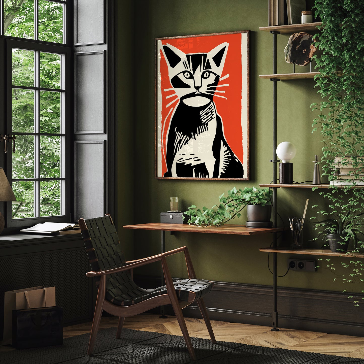 Retro Cat Linocut Wall Art Poster