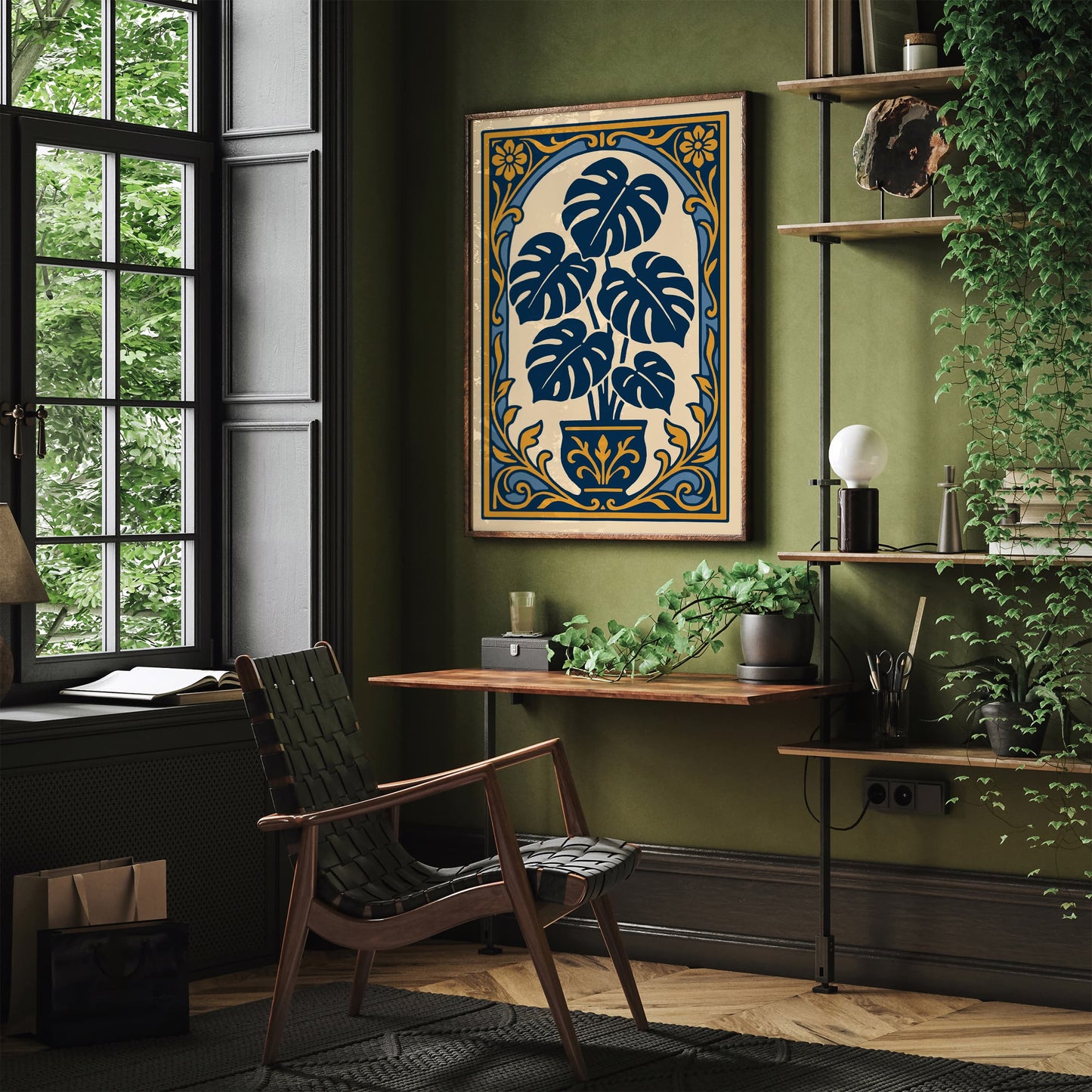 Blue Monstera Plant Art Print - Rococo Revival Style