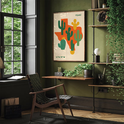 Texas Cactus Wall Art - Southwestern Desert Map Print