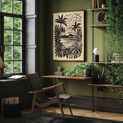 Thailand Vintage Black Ink Style Tropical Landscape Poster