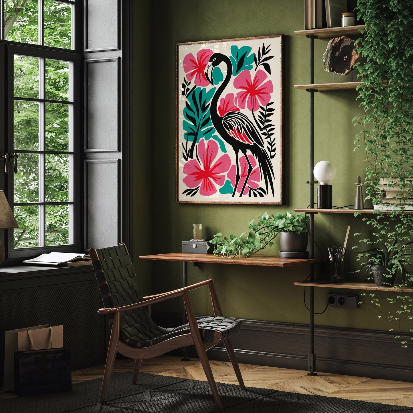 Tropical Black Flamingo Art Print – Bold Maximalist Floral Wall Decor