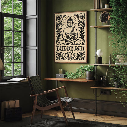 Buddhism Black Floral Art Print with Sitting Buddha