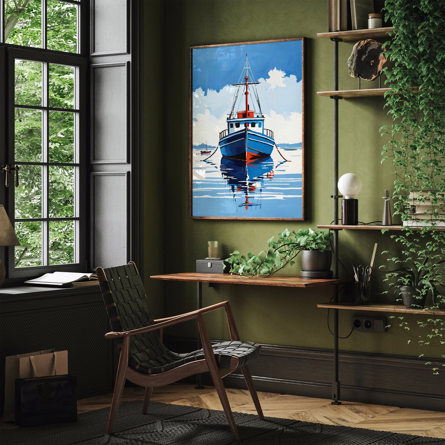 Boat On Ocean Blue Painting Print