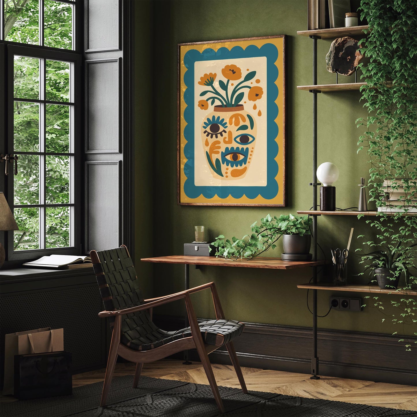 Boho Floral Vase with Eyes – Retro Wall Art