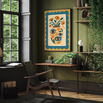 Boho Floral Vase with Eyes – Retro Wall Art