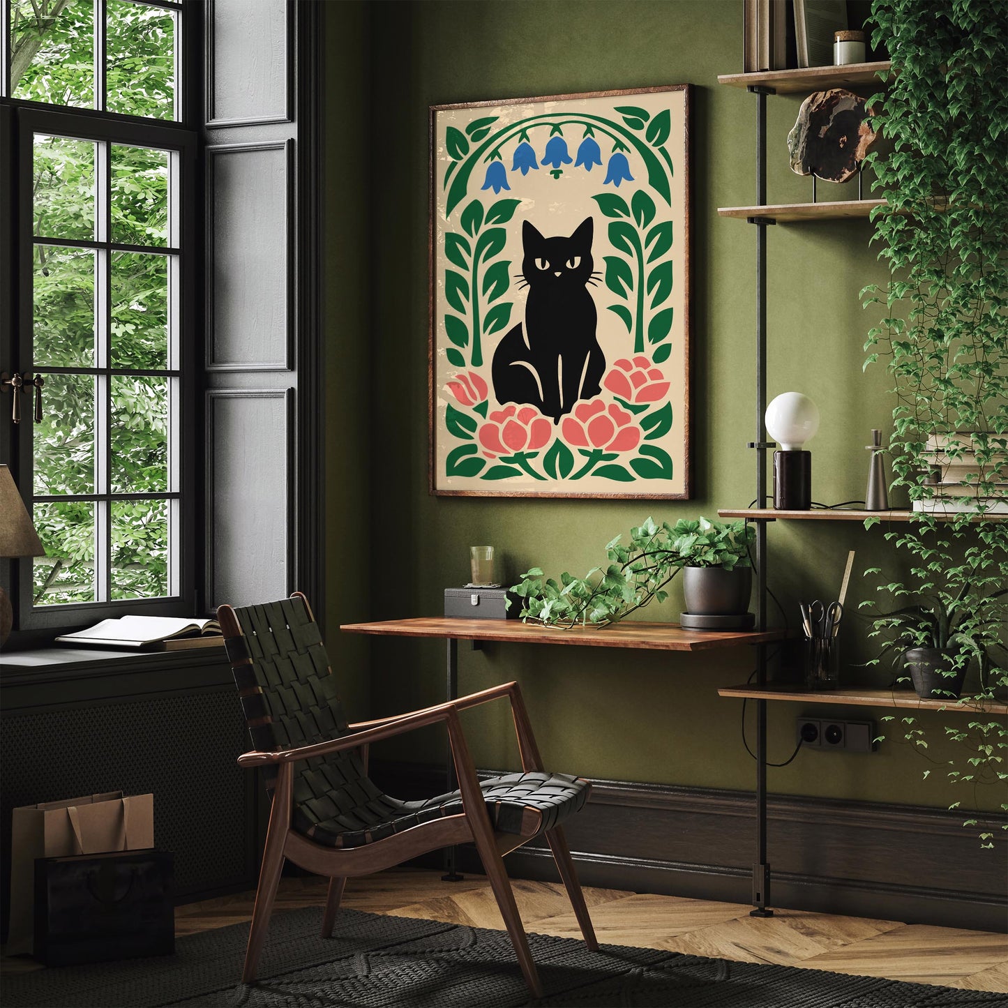 Black Cat Floral Poster