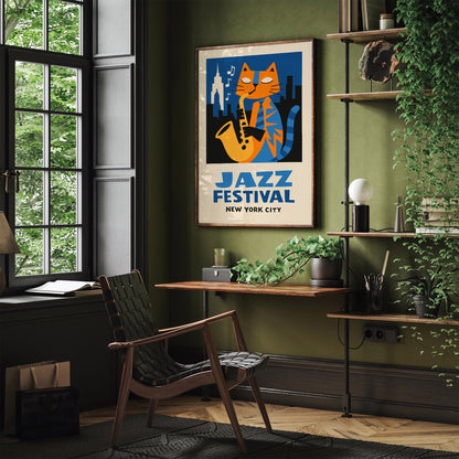 NYC Jazz Festival Cat Jazzman Art Poster