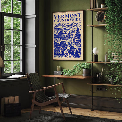 Vermont Countryside Blue Travel Poster