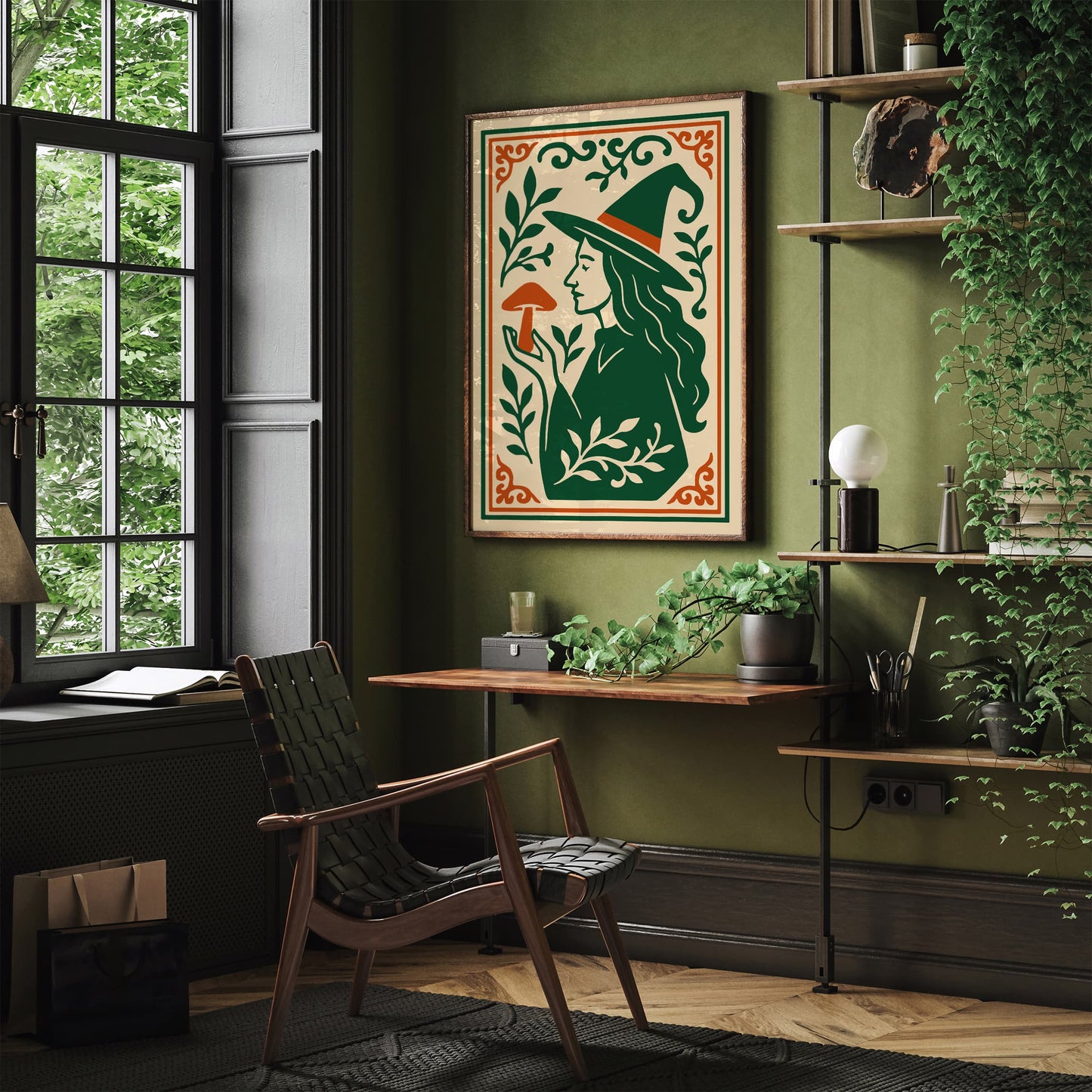 Green & Orange Witch Mushroom Halloween Print