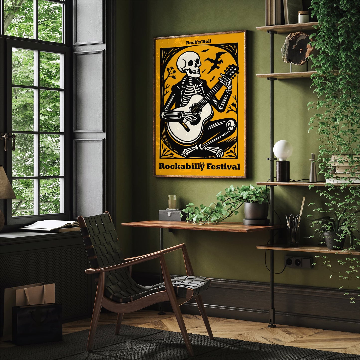 Yellow Skeleton Playing Guitar Rockabilly Music Poster