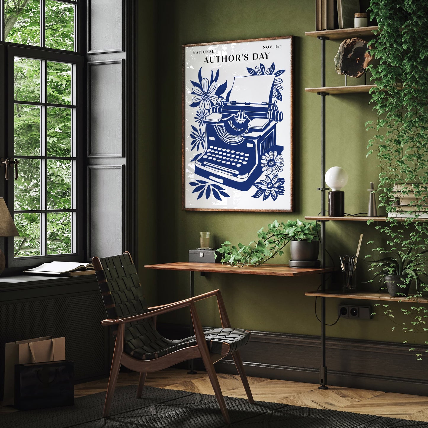 National Authors Day Typewriter Poster – Navy Blue Literary Wall Art Print