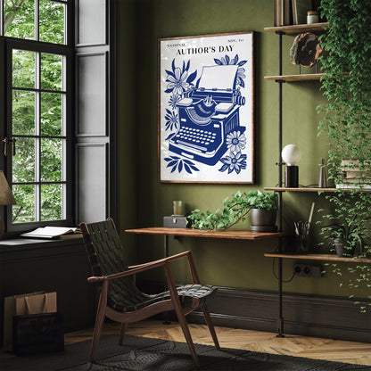 National Authors Day Typewriter Poster – Navy Blue Literary Wall Art Print