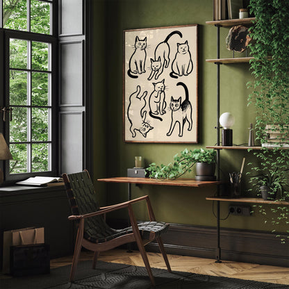 Six Funny Cats Poster - Black Ink Sketch Wall Art Print