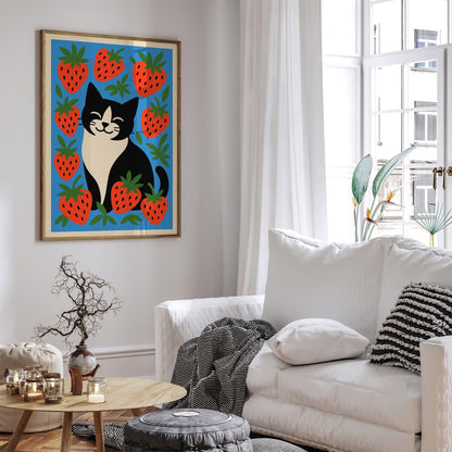 Cat in Strawberries Poster