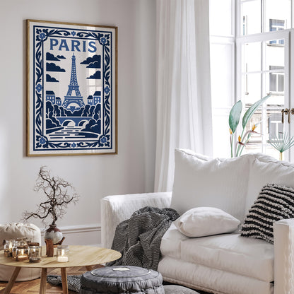 White and Blue Paris Eiffel Tower Poster