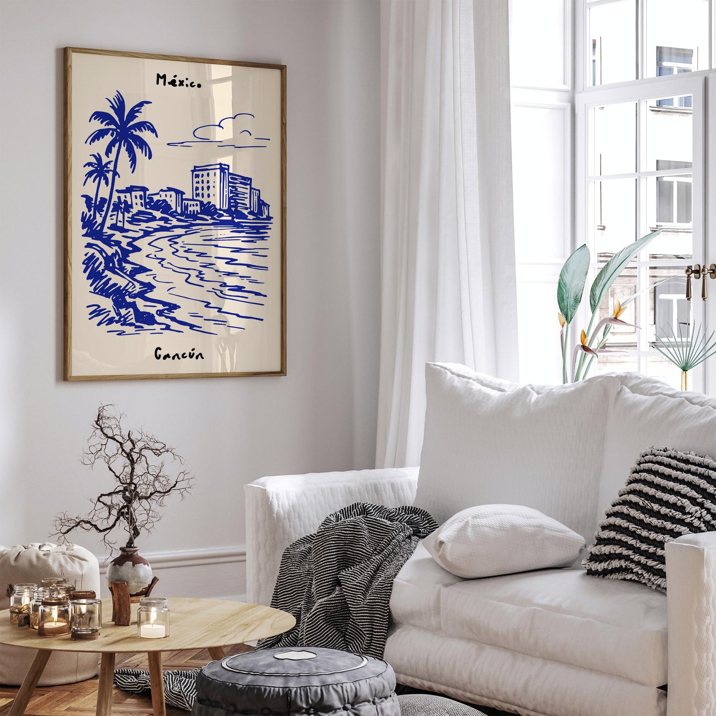 Mexico Cancun Print - Blue Cityscape Sketch Art