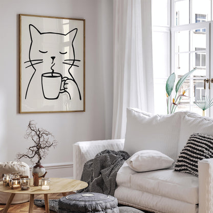 Line Art Cat with a Cup of Coffee Poster