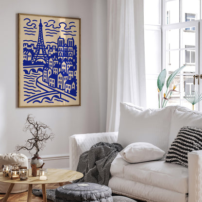 Modern Line Art Paris Cityscape Blue Poster