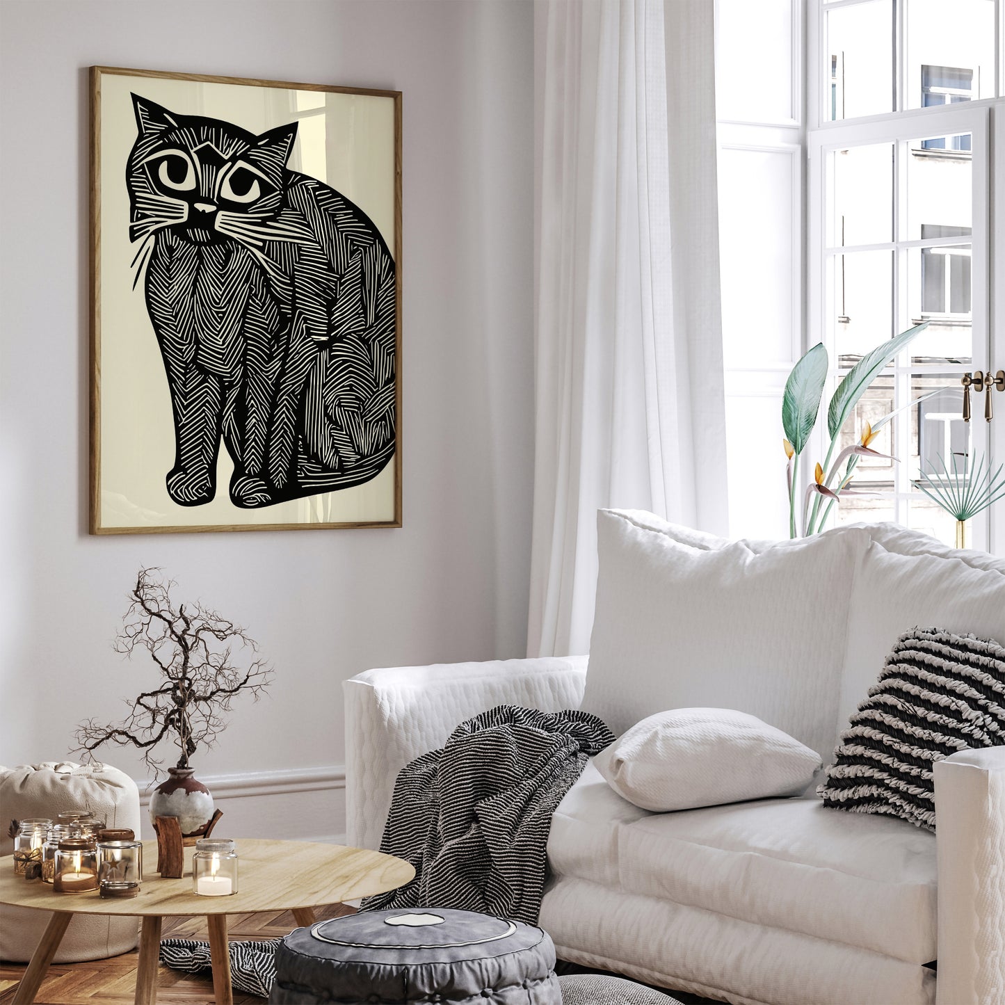 Linocut Chubby Cat Wall Art Print