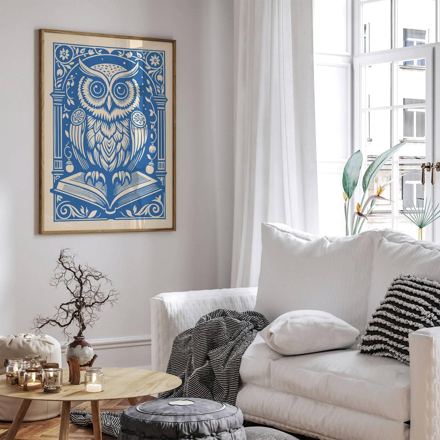 Baby Blue Victorian Owl Print, Owl with Book Wall Art