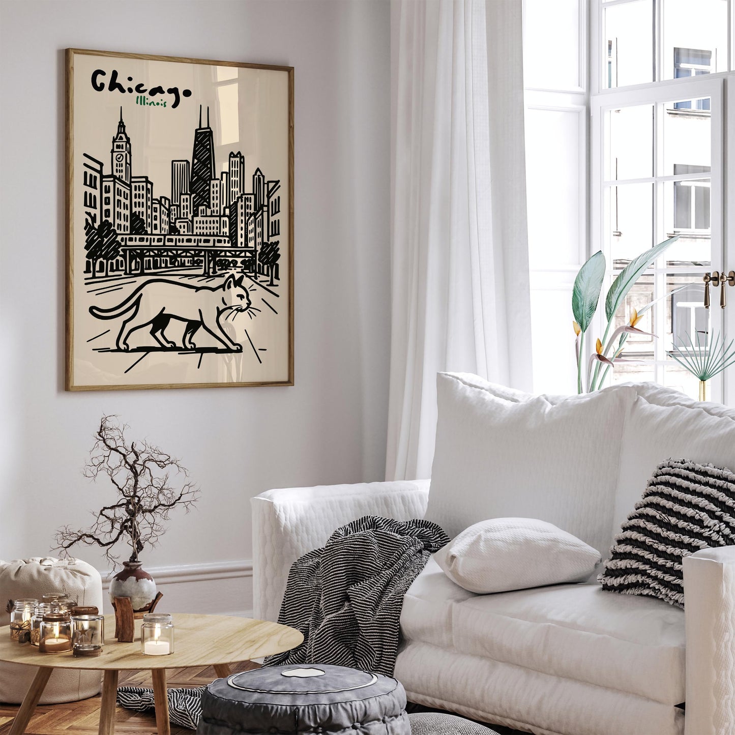 Chicago Illinois Poster - Walking Cat Wall Art Print