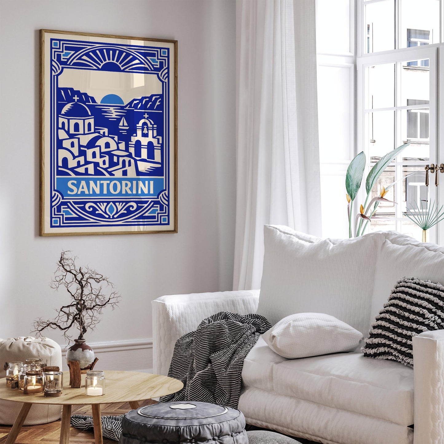 Blue Art Deco Santorini Wall Art Print – Greek Island Decor
