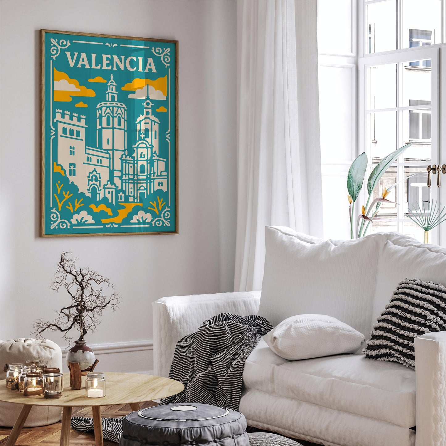 Valencia Spain Poster - Teal Yellow Cathedral Wall Art
