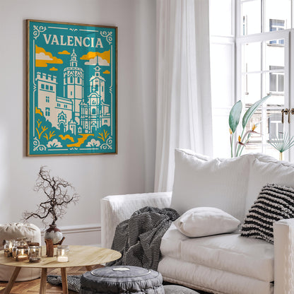 Valencia Spain Poster - Teal Yellow Cathedral Wall Art