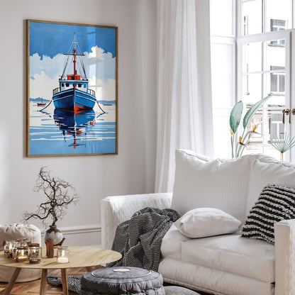 Boat On Ocean Blue Painting Print