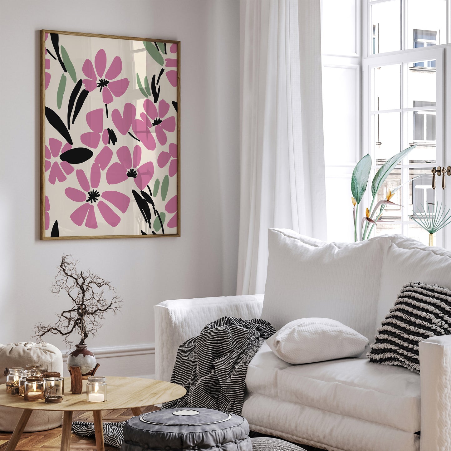 Pink Flowers Living Room Wall Decor