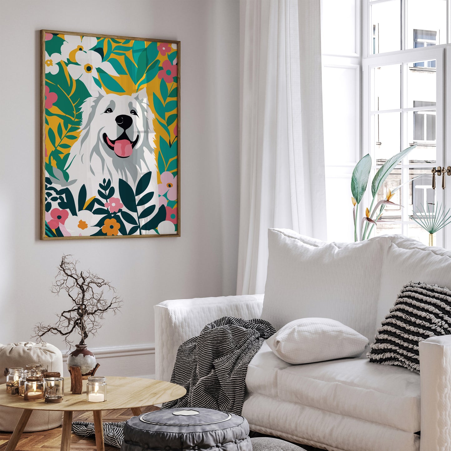 Joyful Dog Amidst Vibrant Blossoms Poster