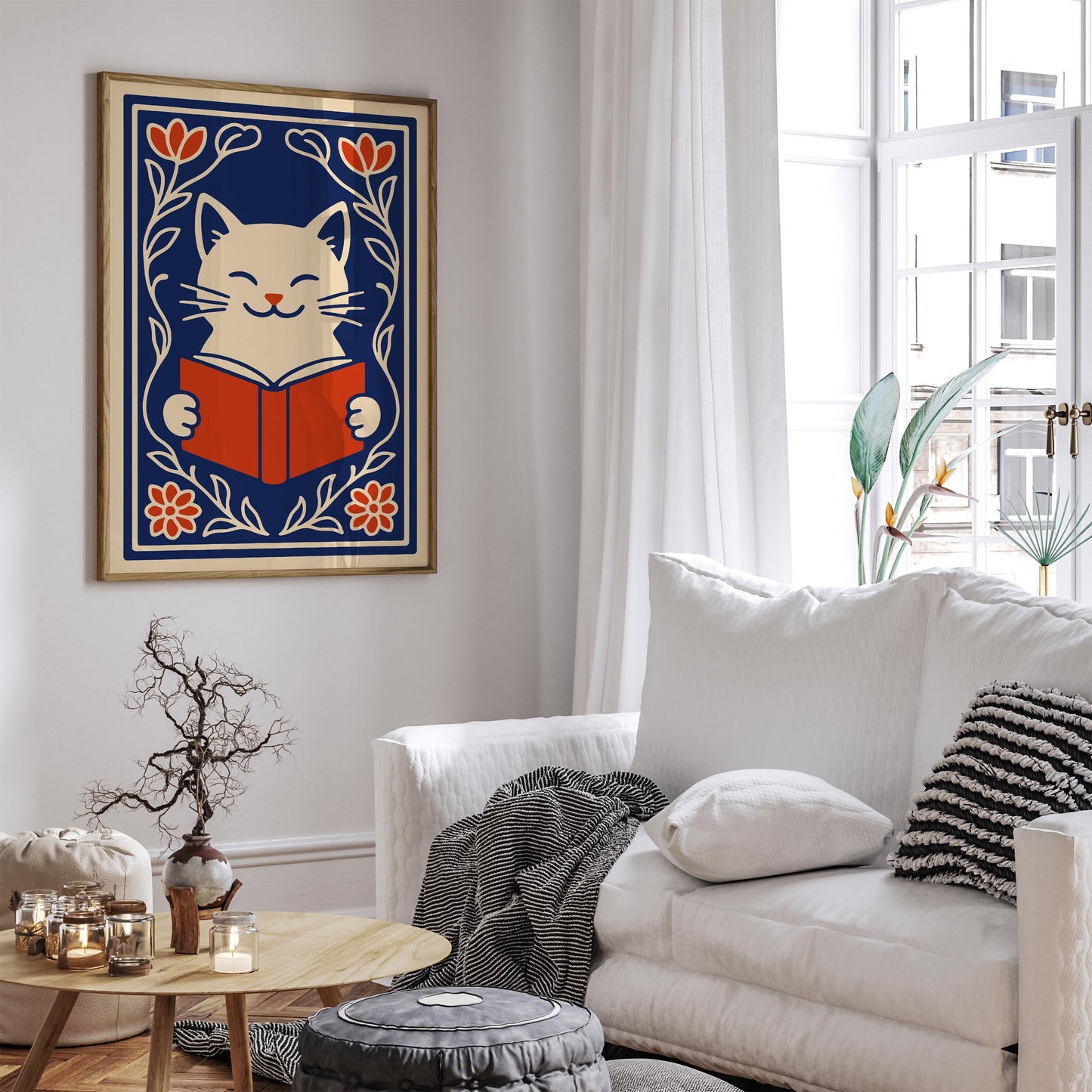 Cute White Cat with a Book Poster