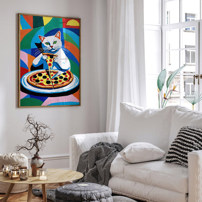 Colorful Cat Eating Pizza Poster