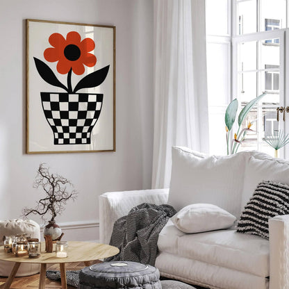Retro Red Flower in Checkerboard Pot Poster