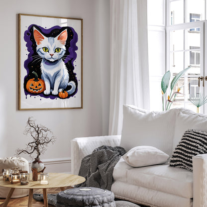 White Cat Halloween Art Print 2025