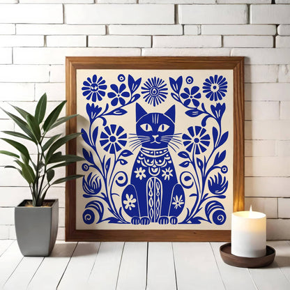 Blue Folk-Style Kitten Art Print – Square Wall Decor