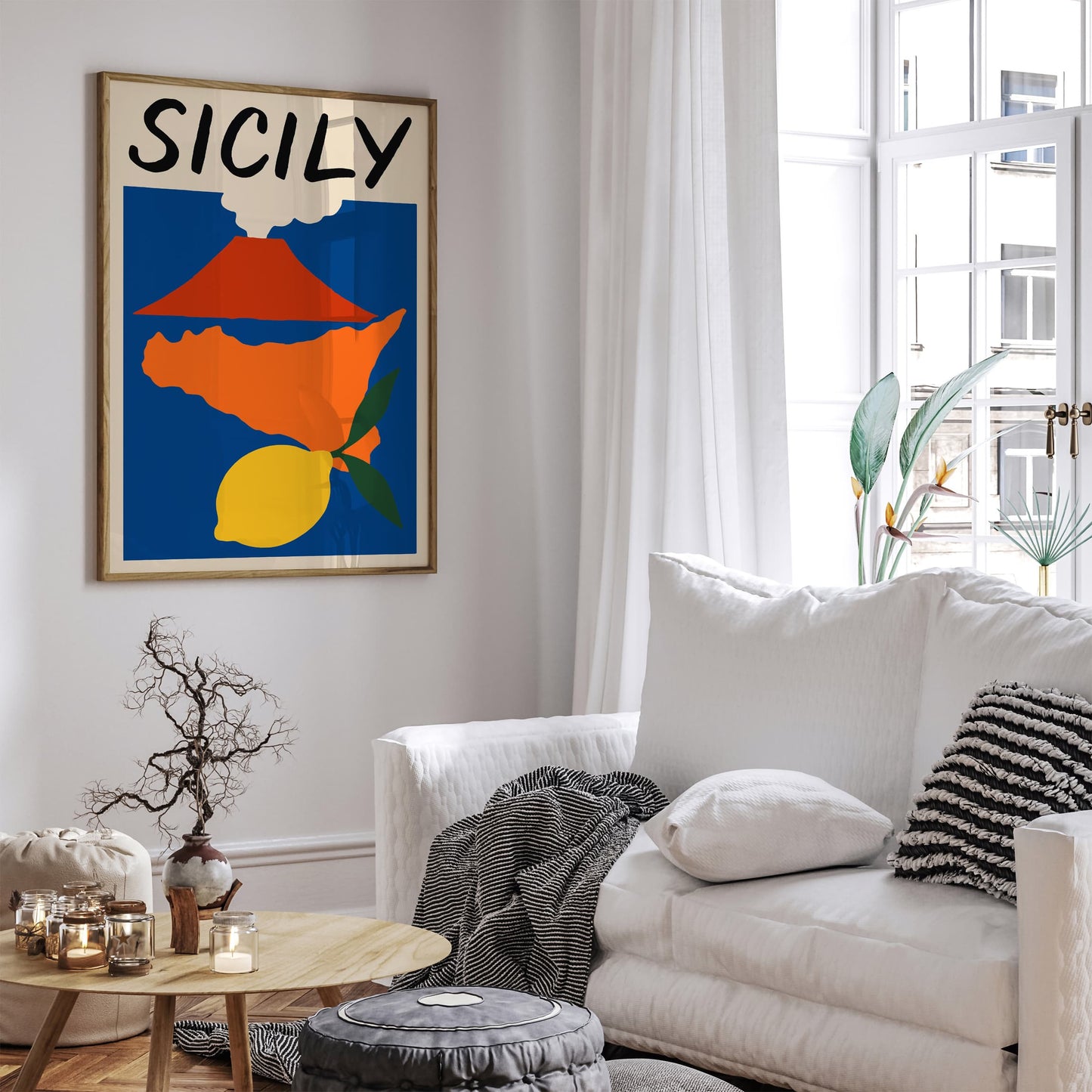 Sicily Map Poster - Colorful Italy Etna Volcano Lemon Print