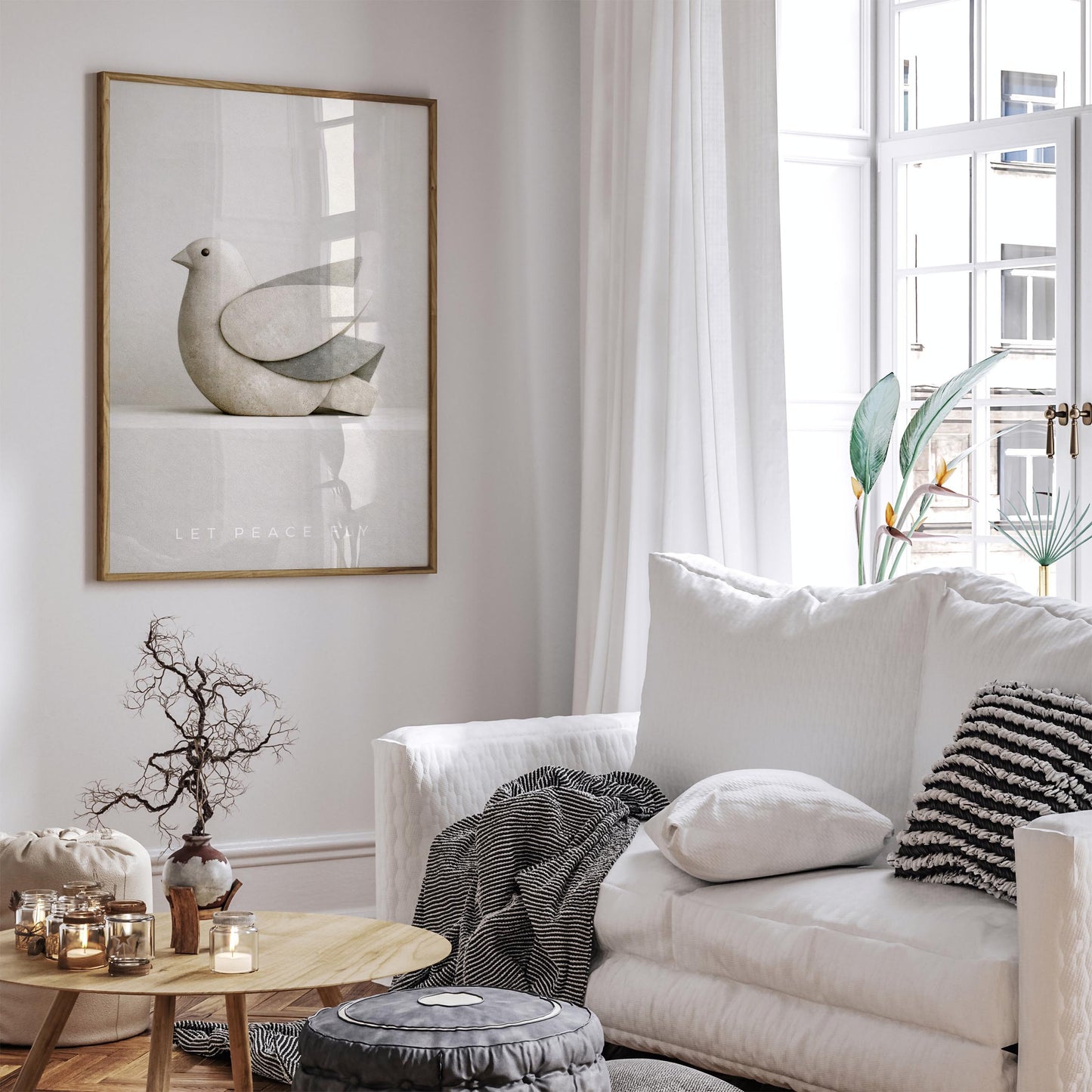 Minimalist Peace Dove Poster Print – Abstract Sandstone Bird Sculpture Wall Art