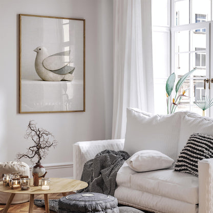Minimalist Peace Dove Poster Print – Abstract Sandstone Bird Sculpture Wall Art