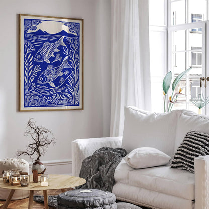 Blue Fish Linocut Art Print