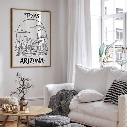 Texas Arizona Line Art BW Poster