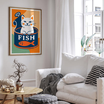 Funny White Cat and Canned Fish Poster